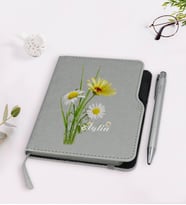 BK Gift Kişiye Özel Papatya Temalı Gri Termo Deri Defter Kalem Seti-11