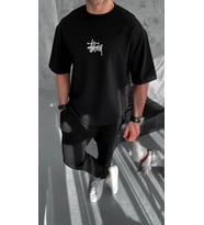 pilelistore- Unisex Bisiklet Yaka Baskılı Oversize T-Shirt - Siyah