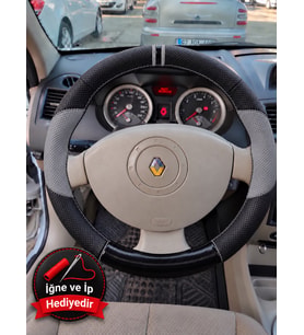 Renault Megane 2 Dikme Direksiyon Kılıfı Delikli Deri Parlak Siyah Gri Detay Çift Yüzük ve Dikiş 2002-2010