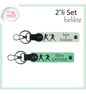 Antrenöre Saygı Hediye Seti, Boks Desenli, Kişisel Yazılı 2’li Anahtarlık, Beyaz-Açık Yeşil