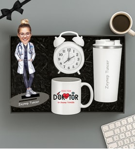 Kişiye Özel Fotoğraflı Doktor Tasarımlı Biblo,Beyaz Kupa,Termos Ve Masa Saati Hediye Seti (STD)