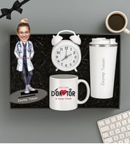 Kişiye Özel Fotoğraflı Doktor Tasarımlı Biblo,Beyaz Kupa,Termos Ve Masa Saati Hediye Seti (STD)
