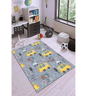 Sarı Kaymaz Tabanlı Yıkanabilir Arabalı Çocuk Halısı AR054