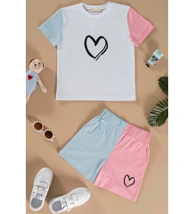 Kalp Baskılı Pembe Tshirt Şort Takım