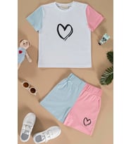 Kalp Baskılı Pembe Tshirt Şort Takım
