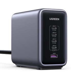 300W GaN 5 Portlu Hızlı Şarj Cihazı İstasyonu, 4xUSB-C, 1xUSB-A, Gri, 90903B