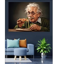 Pizza Yiyen Dahi Albert Einstein Dekoratif Kanvas - Mdf Ahşap Tablo