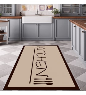 Bej Kitchen Yazılı Yıkanabilir Kaymaz Taban Leke Tutmaz Modern Salon Halısı ve Yolluk (Kahverengi)