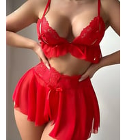 Jessica Bella Kırmızı Göğüs Ucu Açık Bralet Mini Etek String Takım- 0152