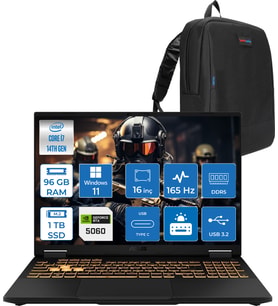 Asus Tuf Gaming F16 FX608JMR 14. Nesil Intel I7-14650HX 96GB Ddr5 1tb SSD 8GB/RTX5060 115W 165Hz 16"wuxga Fhd+ 300NITS IPS WIN11HOME Gaming Bilg. WRV077H28+ZETTAÇANTA