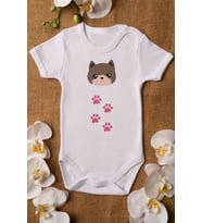 Kız Bebek Sevimli Kedi Ve Pati Baskılı Beyaz Çıtçıtlı