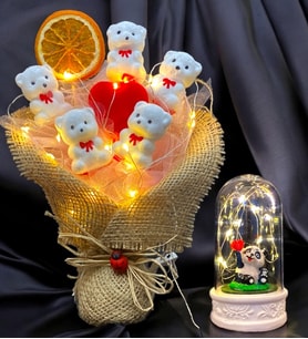 Led Işıklı Sevimli Ayıcıklar Buketi ve Led Işıklı Kalp Tutan Pandalı Fanus Hediye Seti