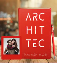Kişiye Özel Mimar Tasarımlı Deri Defter + Ahşap Çerçeve Hediye (Kırmızı)