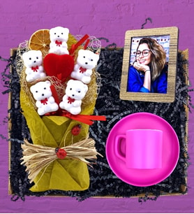 Kişiye Özel Fotoğraflı Ayıcık Buketi (HARDAL) & Pembe Kahve Fincanı