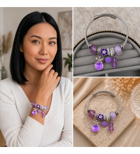 Premium Parlak Mor Çiçek ve Kristal Charm Detaylı Gümüş Renk Kadın Charm Bijuteri Bileklik (20cm)