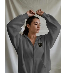 Kadın Siyah Kedi Baskılı Tam Boy Fermuarlı Oversize Hoodie (Gri)