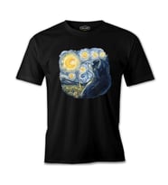 A Cat in Vang Gogh's Starry Night Siyah Erkek Tshirt