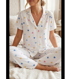 Night Renkli Kalp Desenli Düğmeli Kısa Kollu Pijama Takımı 4591