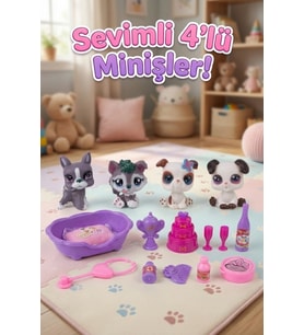 4'lü Sevimli Minişler Oyun Seti - Veteriner ve Parti Temalı Aksesuarlı Figür Oyuncak Paketi