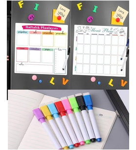 Magnet 2 Adet Haftalık Menü Planlayıcı Magnet Mıknatıslı Yazı Tahtası Pano Ve 6 Adet Kalem