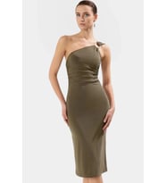 Kadın Tek Omuz Midi Elbise Bodycon Kalıp Asimetrik Yaka Aksesuar Detaylı Modern Tasarım Hafta Sonu