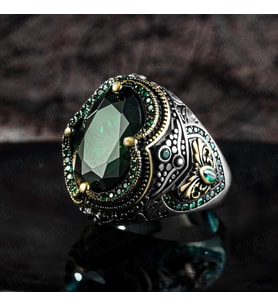 925 Ayar Gümüş Oval Yeşil Zirkon Taşlı Erkek Yüzük