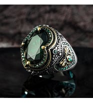 925 Ayar Gümüş Oval Yeşil Zirkon Taşlı Erkek Yüzük