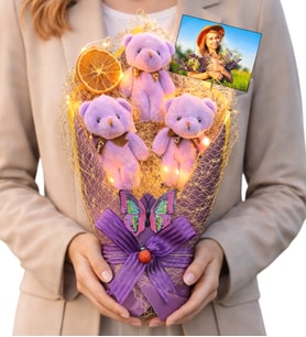 Kişiye Özel Fotoğraflı Led Işıklı Mor Peluş Ayıcık Buketi