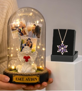 Kişiye Özel Yazılı ve 3 Fotoğraflı Led Işıklı Fanus & Gerçek Ametist Taşlı Lotus Kolye Seti