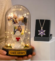 Kişiye Özel Yazılı ve 3 Fotoğraflı Led Işıklı Fanus & Gerçek Ametist Taşlı Lotus Kolye Seti