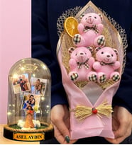 Size Özel 3 Fotoğraflı İsimli Led Işıklı Fanus ve Büyük Boy Pembe Ayıcık Buketi (Model 9)