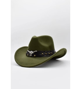 Deri Şeritli Boğa Figürlü Fötr Şapka Premium Classic Western Festival Beach Rave Hat