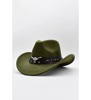 Deri Şeritli Boğa Figürlü Fötr Şapka Premium Classic Western Festival Beach Rave Hat