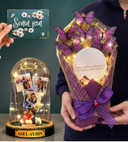 Kişiye Özel Muhteşem Hediye Seti Led Işıklı Fanus ve Led Işıklı Aynalı Kelebek Buketi (Model 10)