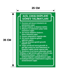 Acil Çıkış Ekipleri Görev Talimatlarrı Levhası, 25x35, 20x30 (A4), 30x42 (A3) Cm Boyut Seçeneklerinde Dekota Kişiselleştiirlebilir Levha + Yapışkan Bant
