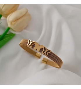 Lente Aksesuar Gold Renk Çelik Hasır Kelepçe Bilezik Üçlü Kelebek Figürlü Ayarlanabilir Model