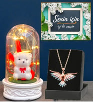 Led Işıklı Biblolu Fanus ve Gerçek Ametist Taşlı Renki Anka Kuşu Kolye (Model 7)