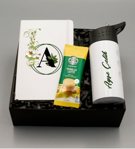 Kişiye Özel Beyaz Çelik Su Matarası & Beyaz Defter & Vanilla Latte Hediye Seti