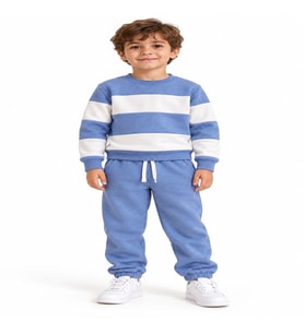 Ürün Adı Çocuk Mavi Ekru Çizgili 3 İplik Sweatshirt ve Eşofman Altı Takımı