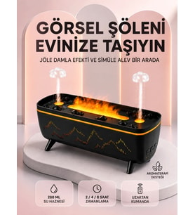 Dekoratif Siyah Hava Nemlendirici Jöle Damla ve Alev Efektli LED Işıklı Aroma Difüzörü