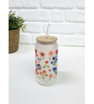 Bambu Kapaklı Kırmızı Mavi Çiçek Desenli Pipetli Buzlu Cam Bardak (Çok Renkli)