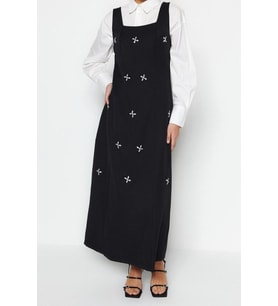 Moda Jile Casual Günlük Finike Dokuma Kare Yaka Kolsuz Kol Jile Maxi Boy Tesettür Elbise
