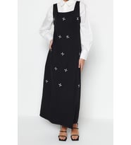 Moda Jile Casual Günlük Finike Dokuma Kare Yaka Kolsuz Kol Jile Maxi Boy Tesettür Elbise