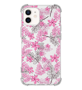 Apple iPhone 12 Uyumlu Köşe Korumalı Antişok  Kapak Floral Pembe Tasarımlı Şeffaf  Kılıf