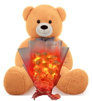 Premium 90 cm Peluş Ayı ve LED Işıklı 9'lu Kırmızı Yumoş Peluş Ayıcık Buketi (Kahverengi)