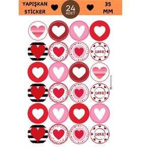 24 Adet - Karışık Kalp Sticker - Love Sticker - Hediye Paketi Sticker - Ambalaj Sticker -Sticker (Pembe)