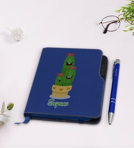 BK Gift Kişiye Özel Kaktüs Tasarımlı Lacivert Termo Deri Defter Kalem Seti-9