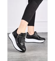 Günlük Kadın Spor Ayakkabı Sim Detaylı Bağcıklı Fermuarlı Hafif Kalın Taban Sneaker 0846 (Siyah - Beyaz)