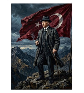 Türk Bayraklı ve Şapkalı Atatürk Dağda Dekoratif Kanvas - Mdf Ahşap Tablo