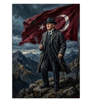 Türk Bayraklı ve Şapkalı Atatürk Dağda Dekoratif Kanvas - Mdf Ahşap Tablo